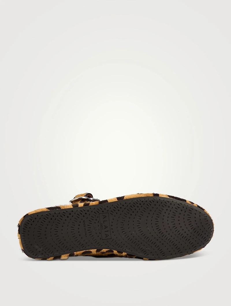 Criss Cross Calf Hair Ballet Flats Leopard Print