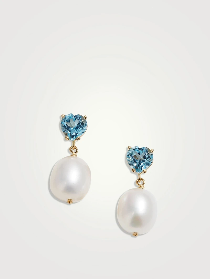 14K Gold Gem Heart Oval Pearl Earrings With Blue Topaz