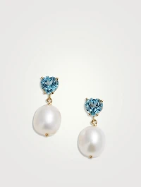 14K Gold Gem Heart Oval Pearl Earrings With Blue Topaz