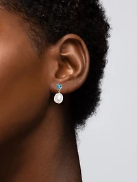 14K Gold Gem Heart Oval Pearl Earrings With Blue Topaz