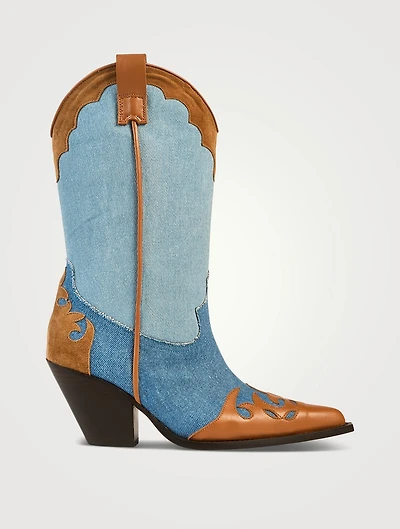Patchwork Denim And Leather Western Boots