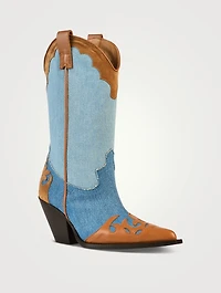 Patchwork Denim And Leather Western Boots