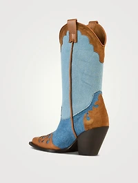 Patchwork Denim And Leather Western Boots
