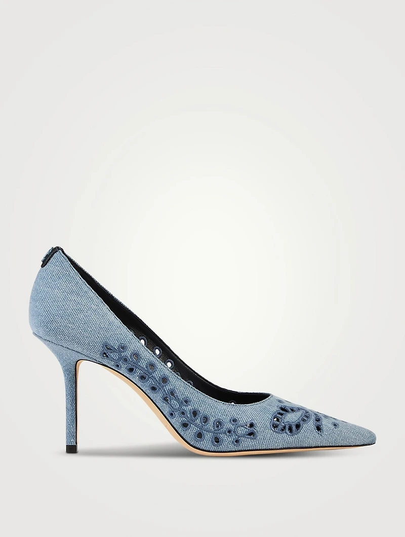 Love Embroidered Denim Pumps