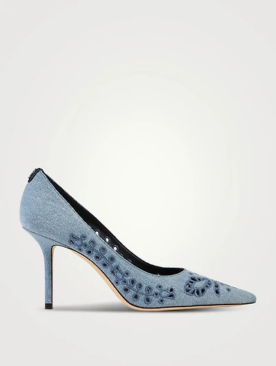 Love Embroidered Denim Pumps
