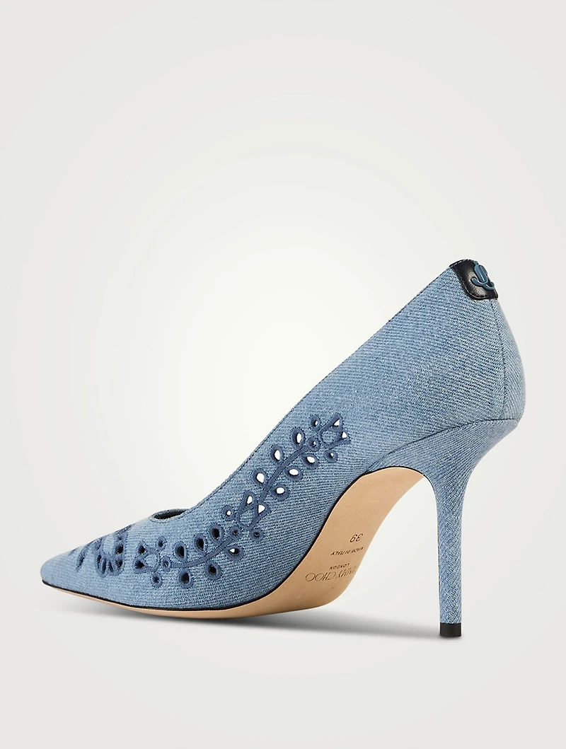Love Embroidered Denim Pumps