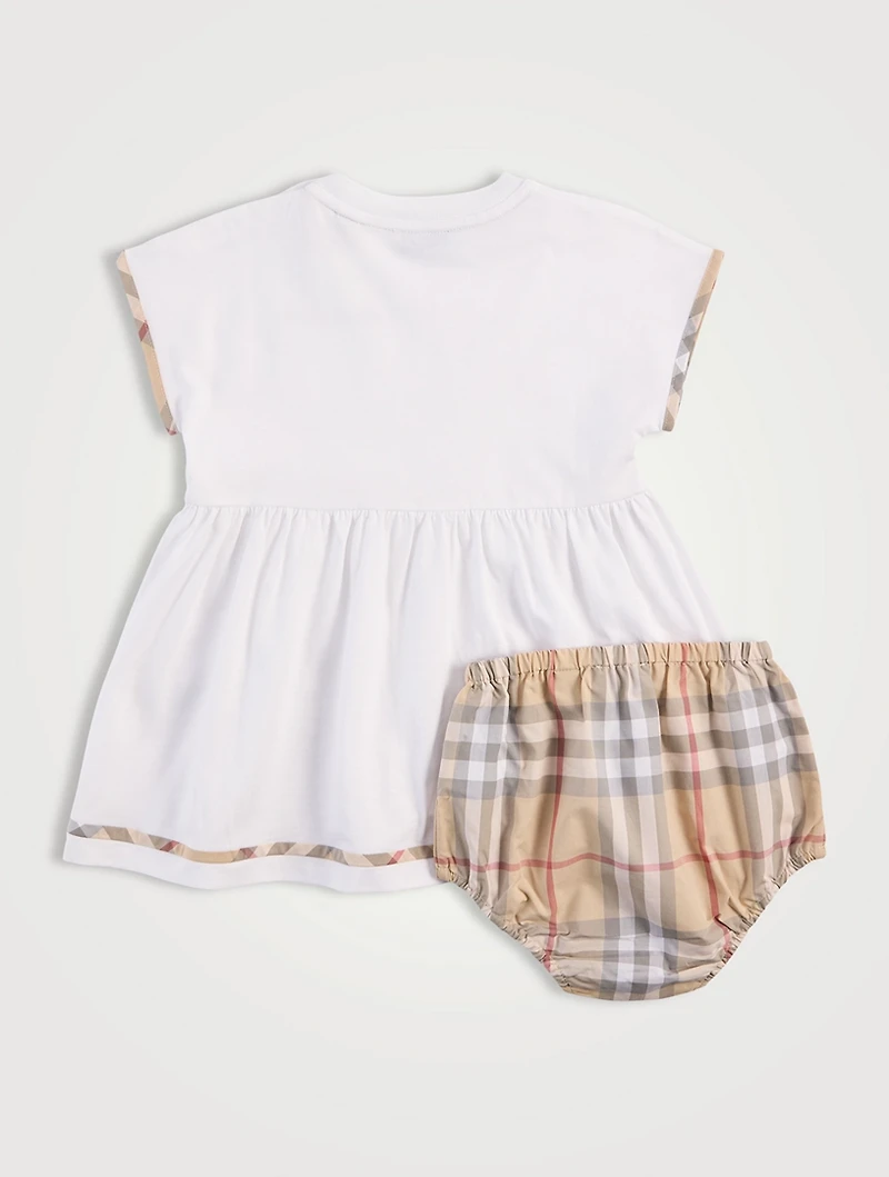 Check Trim Cotton Dress with Bloomers