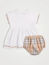 Check Trim Cotton Dress with Bloomers