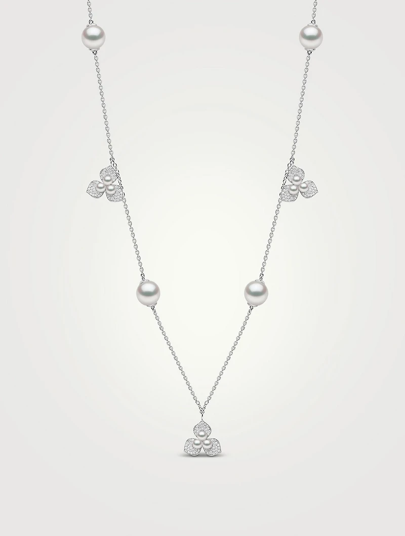 Petal 18K White Gold Akoya Pearl Necklace With Diamonds