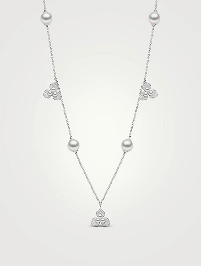 Petal 18K White Gold Akoya Pearl Necklace With Diamonds