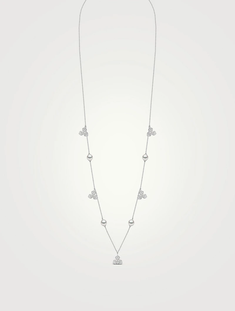 Petal 18K White Gold Akoya Pearl Necklace With Diamonds