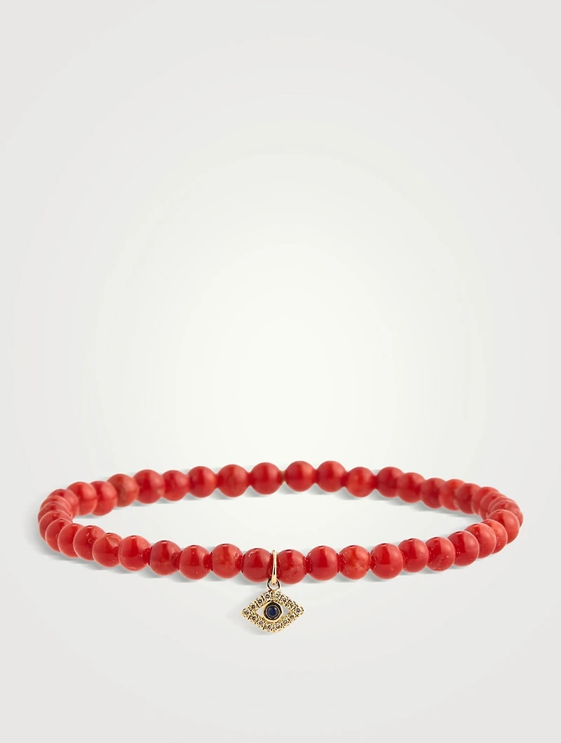 Red Coral Beaded Bracelet With 14K Gold Diamond Tiny Bezel Evil Eye Charm