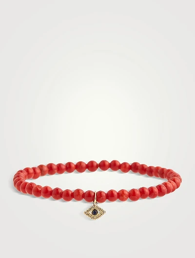 Red Coral Beaded Bracelet With 14K Gold Diamond Tiny Bezel Evil Eye Charm