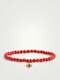 Red Coral Beaded Bracelet With 14K Gold Diamond Tiny Bezel Evil Eye Charm