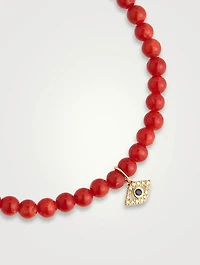 Red Coral Beaded Bracelet With 14K Gold Diamond Tiny Bezel Evil Eye Charm