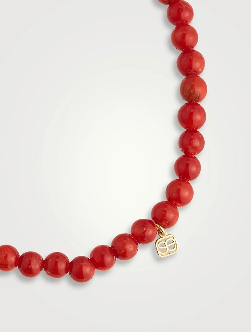 Red Coral Beaded Bracelet With 14K Gold Diamond Tiny Bezel Evil Eye Charm
