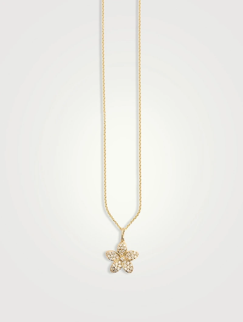 14K Gold Plumeria Charm Necklace With Diamonds