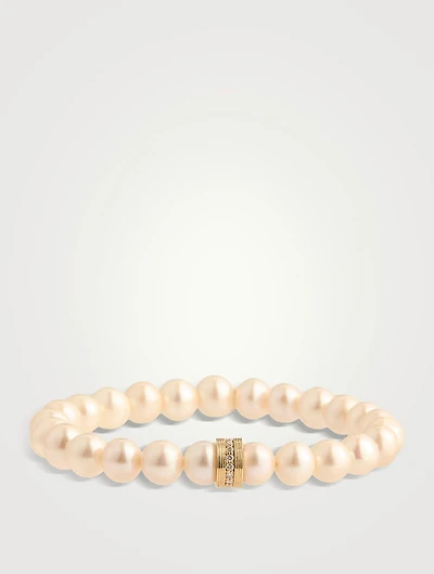 Pearl Beaded Bracelet With 14K Gold Fluted Pavé Diamond Rondelles