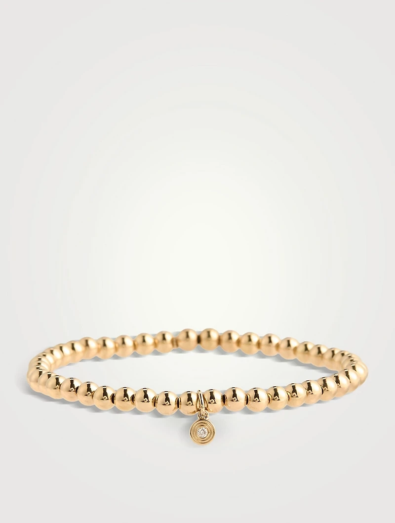 Gold Beaded Bracelet With 14K Gold Small Fluted Diamond Charm