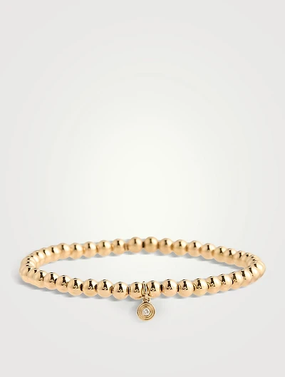 Gold Beaded Bracelet With 14K Gold Small Fluted Diamond Charm