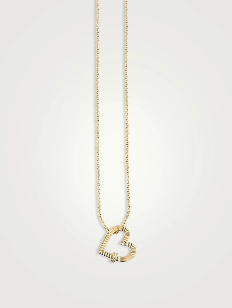 14K Gold Fluted Heart Rondelle Charm Necklace With Diamonds