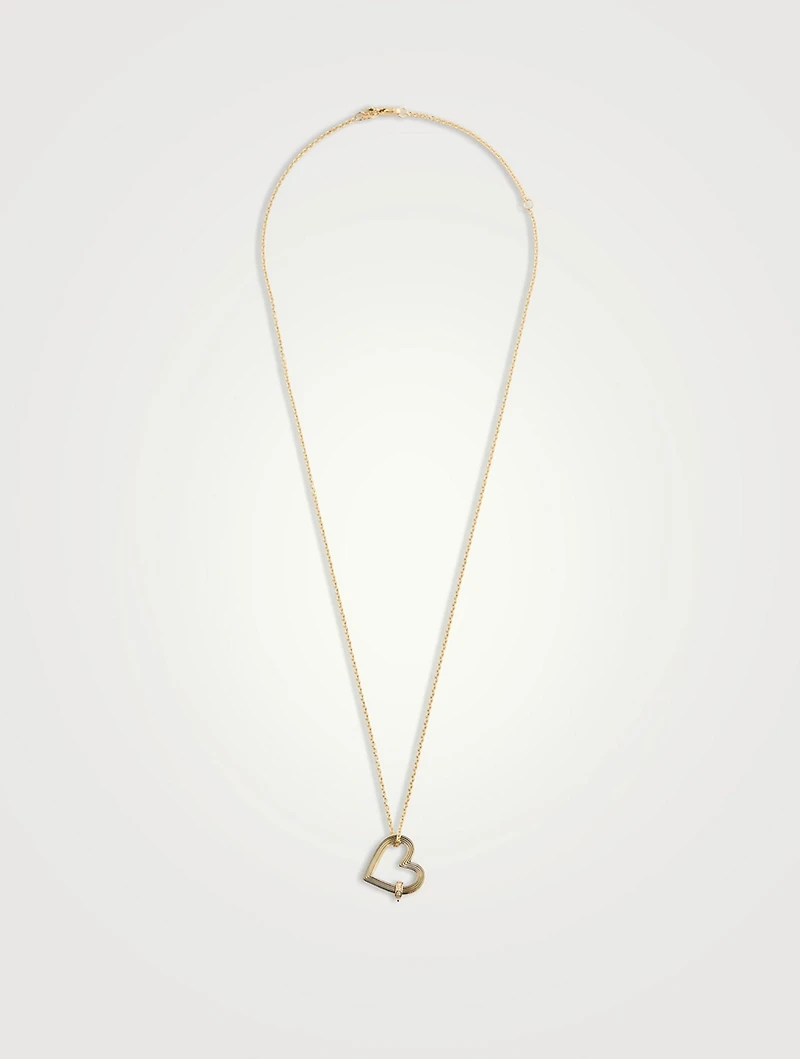 14K Gold Fluted Heart Rondelle Charm Necklace With Diamonds