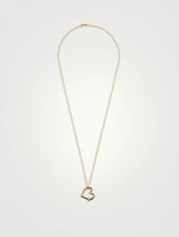 14K Gold Fluted Heart Rondelle Charm Necklace With Diamonds