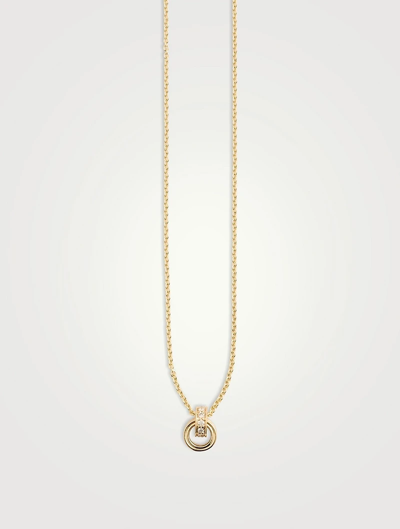 14K Gold Fluted Linked O-Ring Charm Necklace With Diamonds