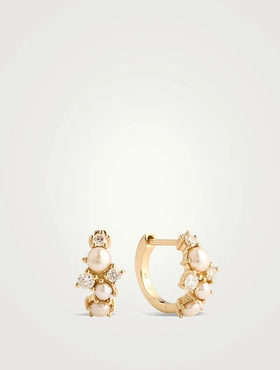 14K Gold Pearl Cocktail Huggie Hoop Earrings With Diamonds