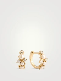 14K Gold Pearl Cocktail Huggie Hoop Earrings With Diamonds