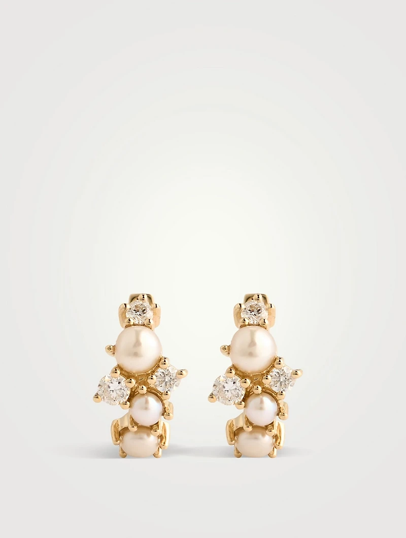 14K Gold Pearl Cocktail Huggie Hoop Earrings With Diamonds