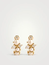 14K Gold Pearl Cocktail Huggie Hoop Earrings With Diamonds