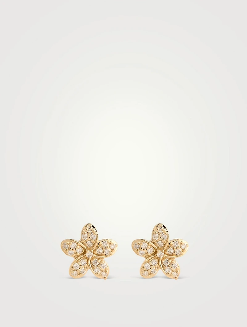 14K Gold Plumeria Stud Earrings With Diamonds