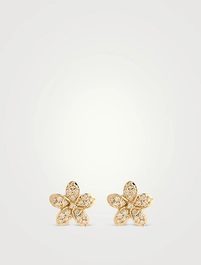 14K Gold Plumeria Stud Earrings With Diamonds