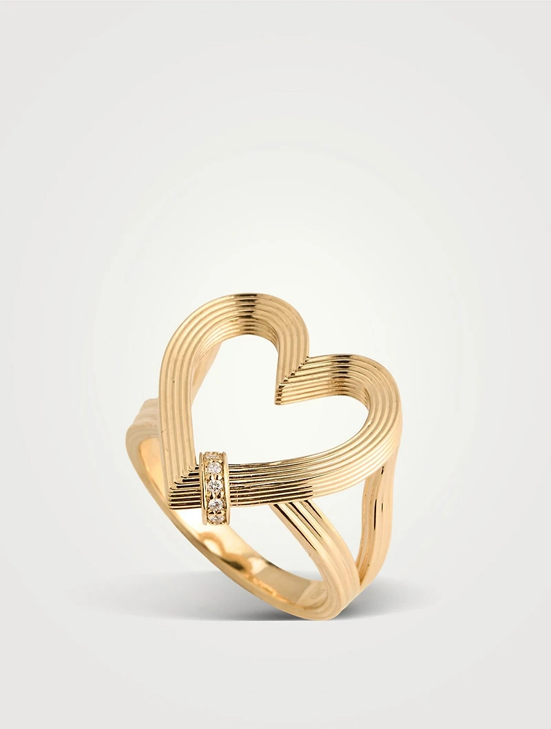 14K Gold Fluted Heart Ring With Rondelle With Diamonds