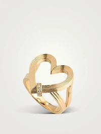 14K Gold Fluted Heart Ring With Rondelle With Diamonds
