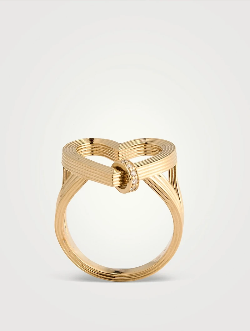 14K Gold Fluted Heart Ring With Rondelle With Diamonds