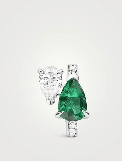 Left Serti Sur Vide White Gold Earring With Emerald And Diamonds
