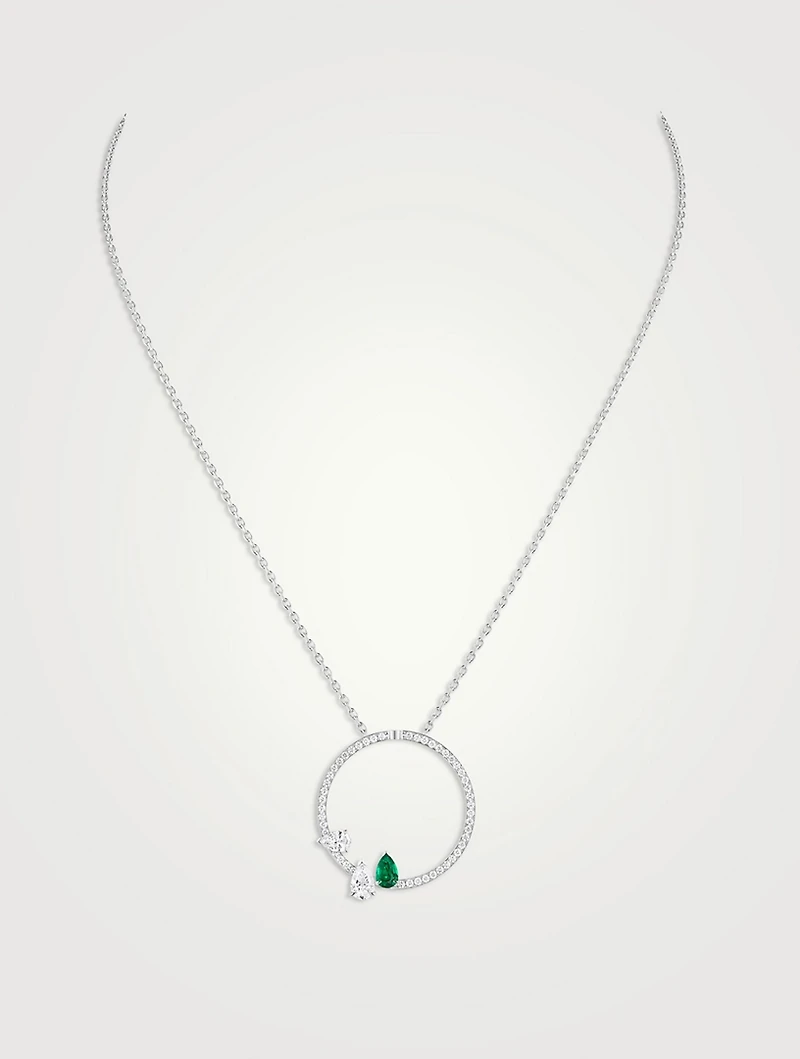 Serti Sur Vide White Gold Round Pendant Necklace With Emerald And Diamonds