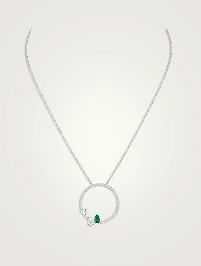Serti Sur Vide White Gold Round Pendant Necklace With Emerald And Diamonds