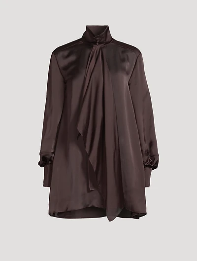 Tie-Neck Satin Shirt Dress