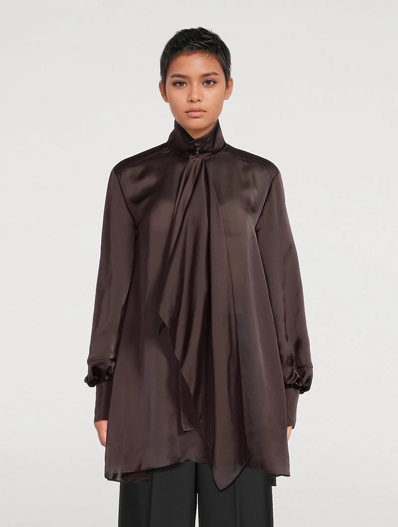 Tie-Neck Satin Shirt Dress