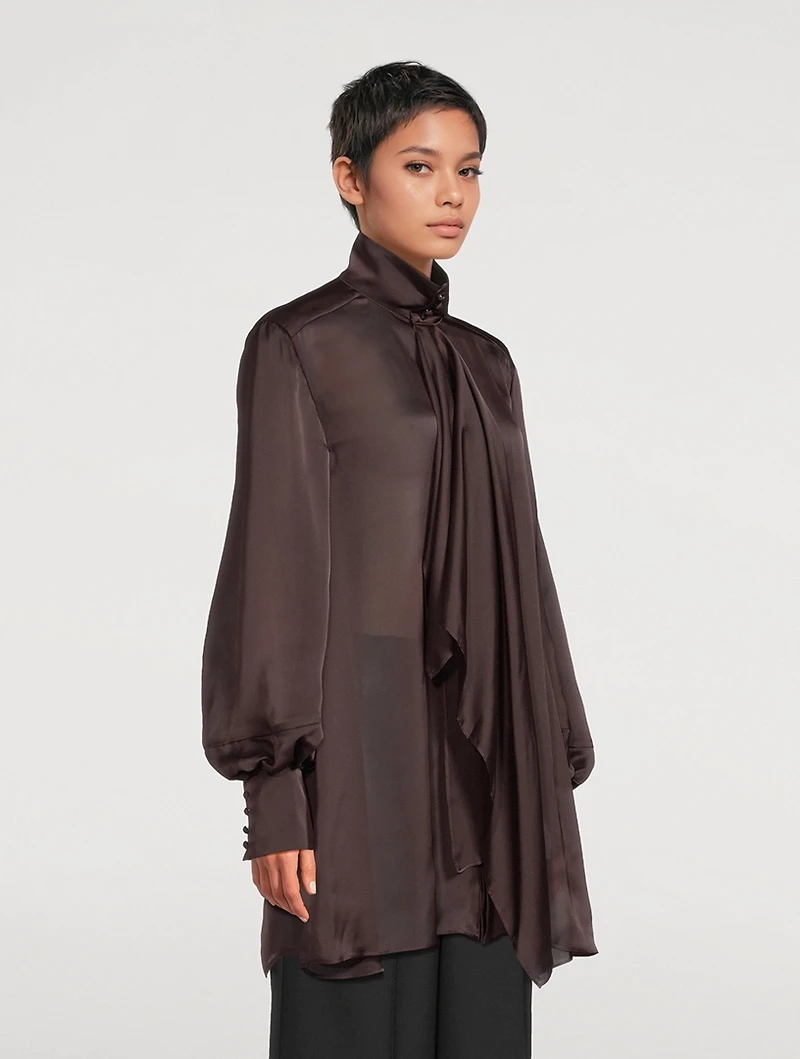 Tie-Neck Satin Shirt Dress