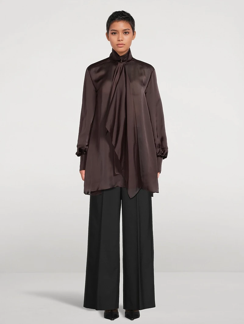 Tie-Neck Satin Shirt Dress