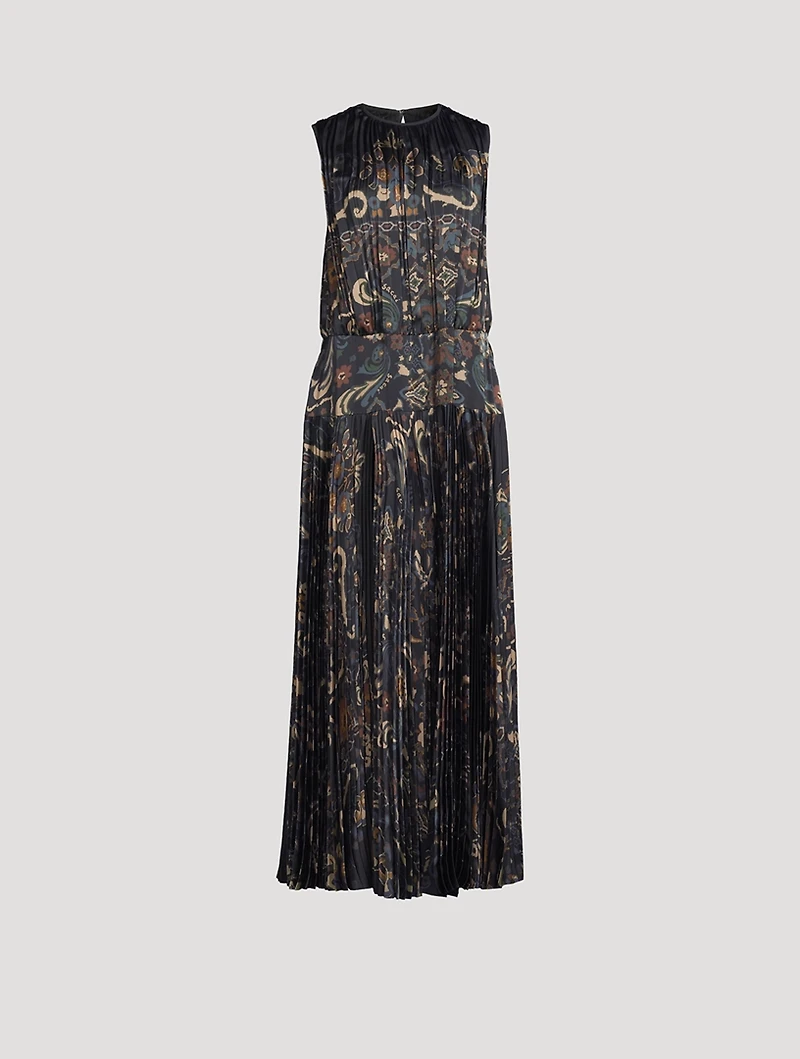 Pleated Satin Maxi Dress Floral Print
