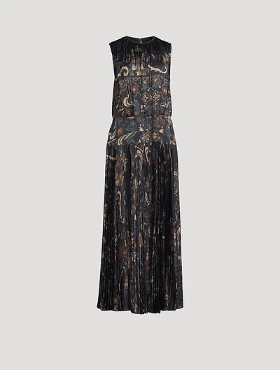 Pleated Satin Maxi Dress Floral Print