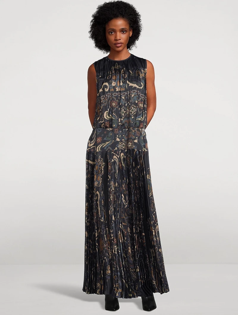 Pleated Satin Maxi Dress Floral Print