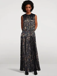 Pleated Satin Maxi Dress Floral Print