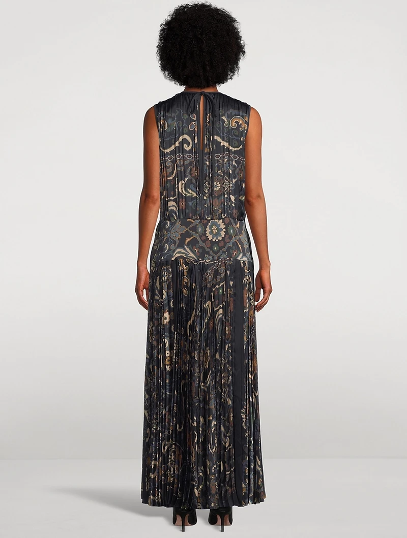 Pleated Satin Maxi Dress Floral Print