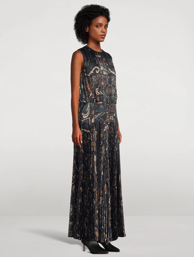 Pleated Satin Maxi Dress Floral Print
